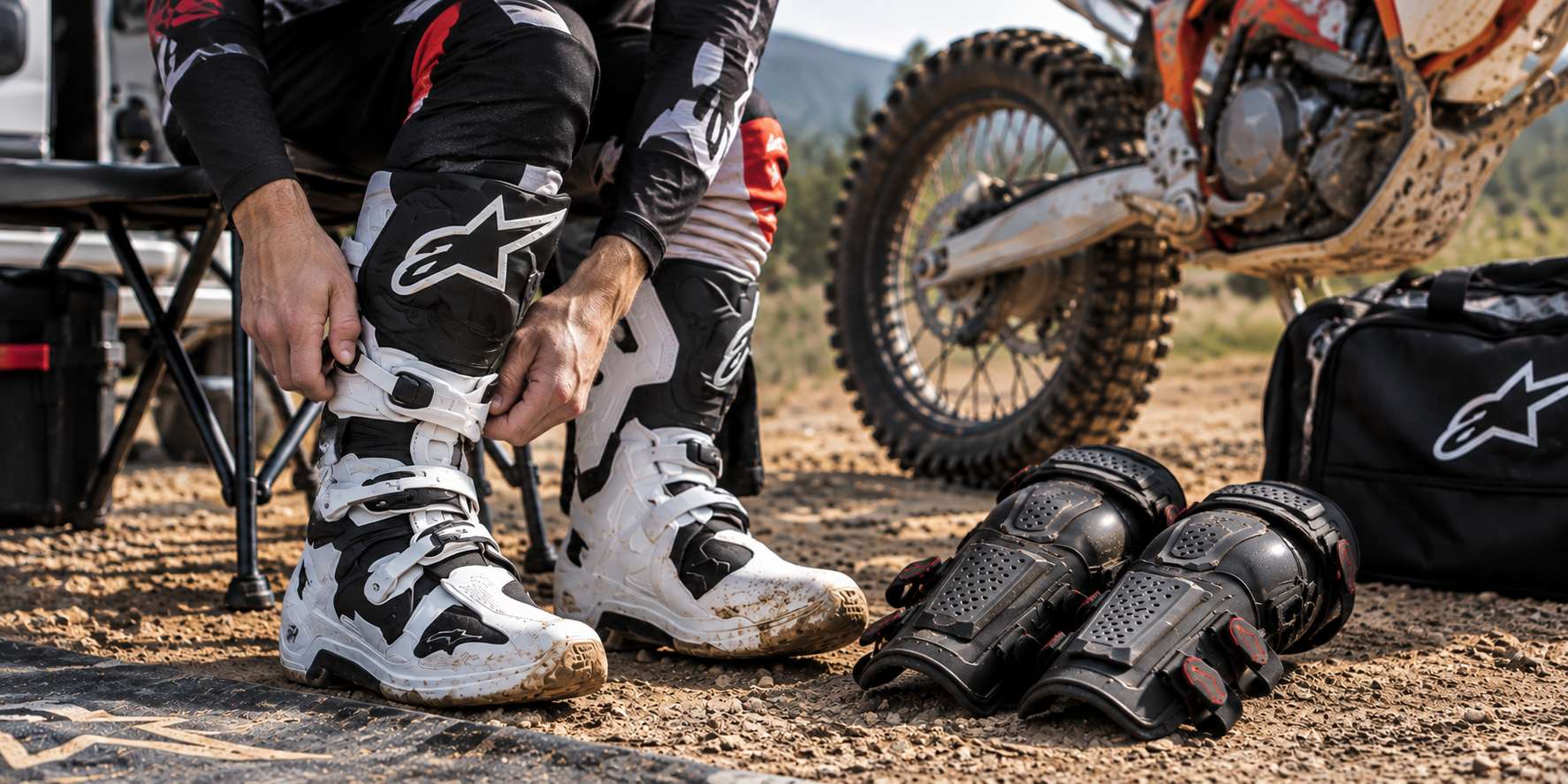 Enduro jezdec zapínající vysoké moto boty vedle chráničů kolen a terénní motorky