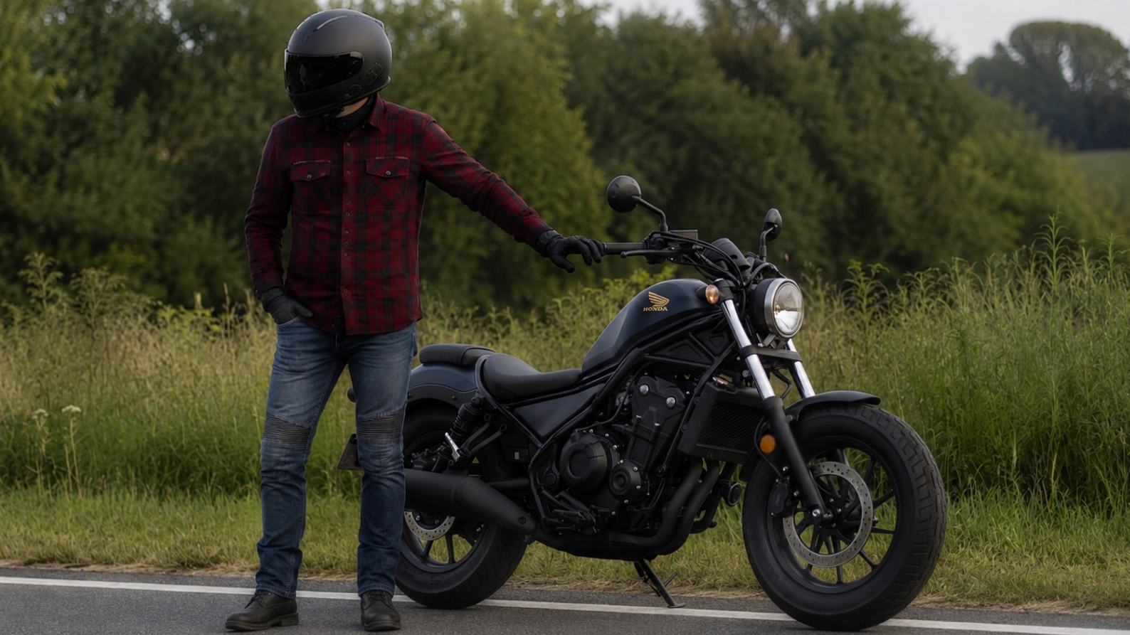 Motorkář v kevlarových riflích a moto košili stojící u motorky