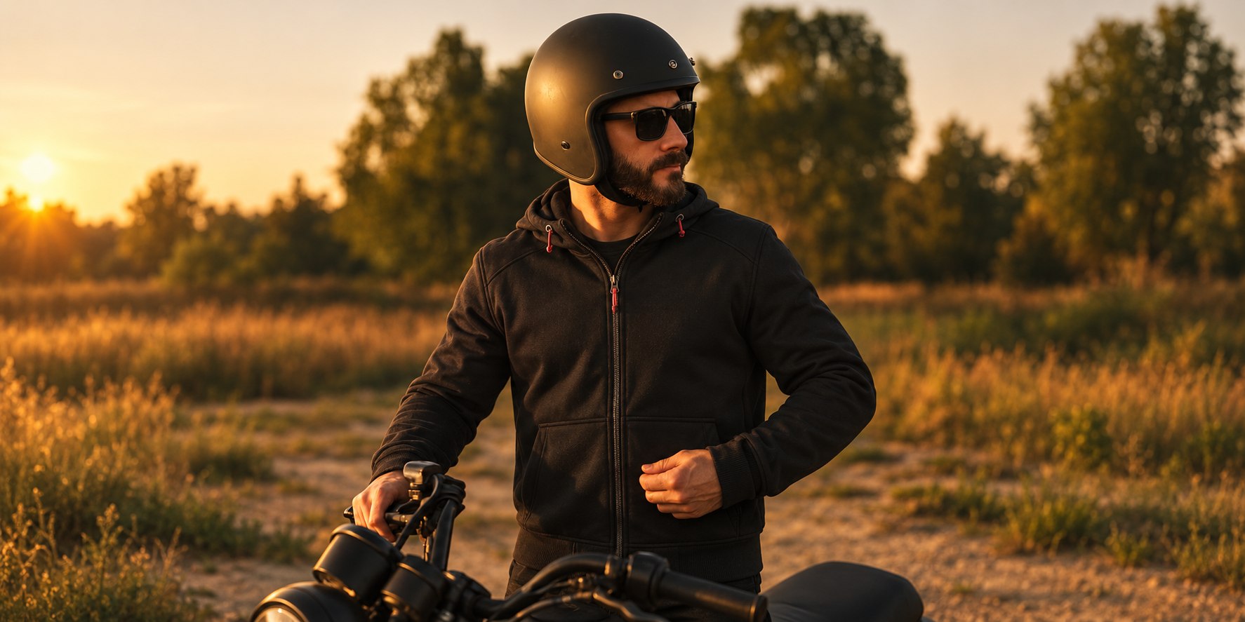Motorkár v kevlarovej moto mikine pri motorke