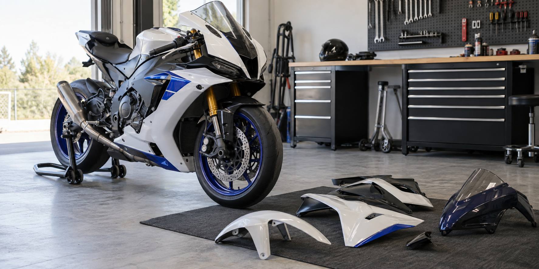 Plasty motocykla po páde a demontovaná kapotáž