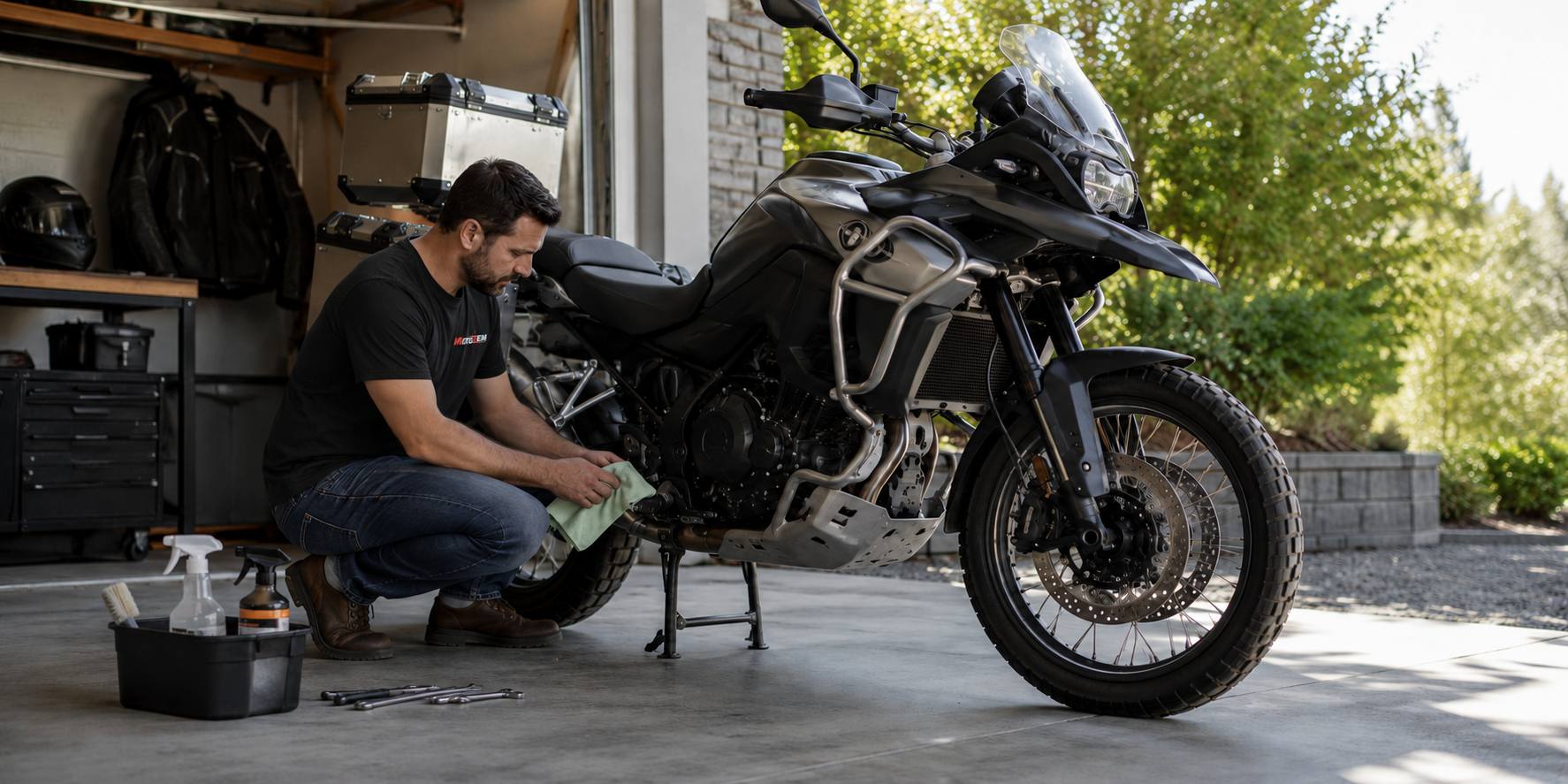motorkář v garáži provádí servis motorky po dovolené