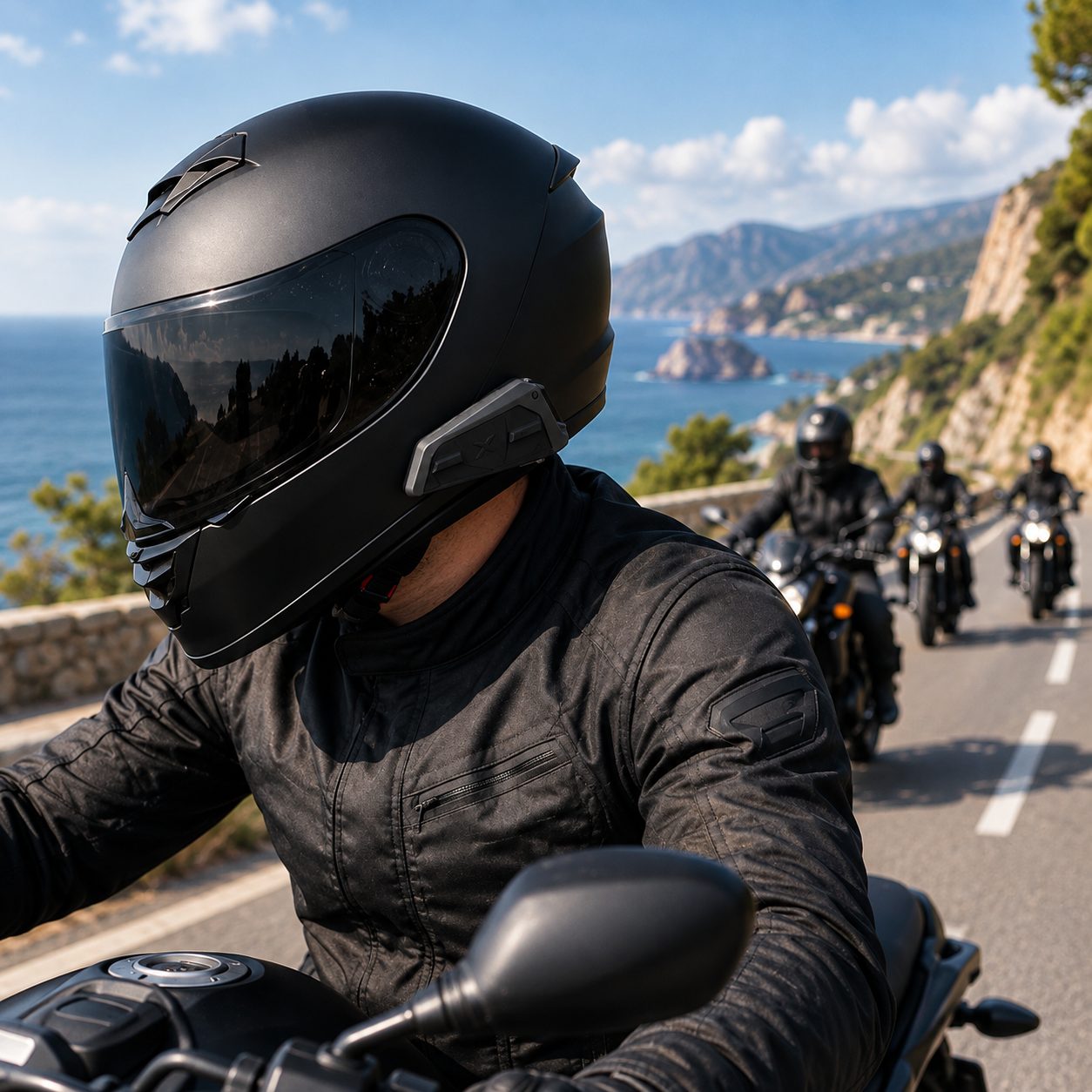 Interkom EXOCOM Link-1 na helmě motorkáře při skupinové jízdě